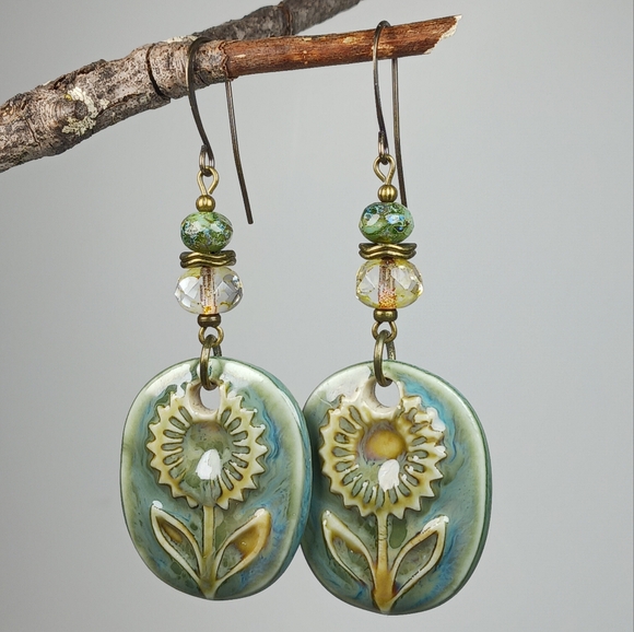 Artisan Jewelry - HAND CRAFTED EARRINGS Green Amber Ceramic Flower Czech Glass Statement Dangle